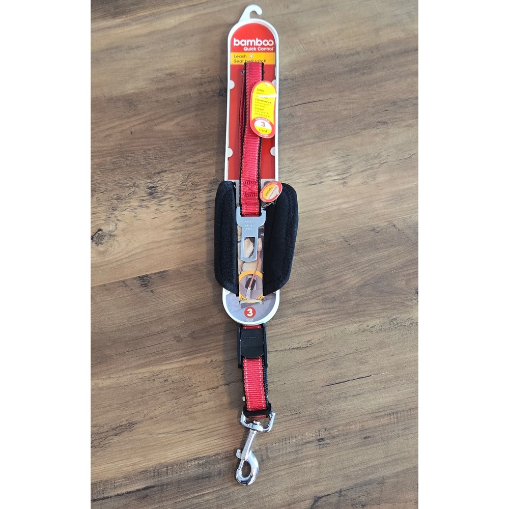 Bamboo Quick Control Pet Leash and Seat Belt Latch Red Reflective 3ft Adjustable